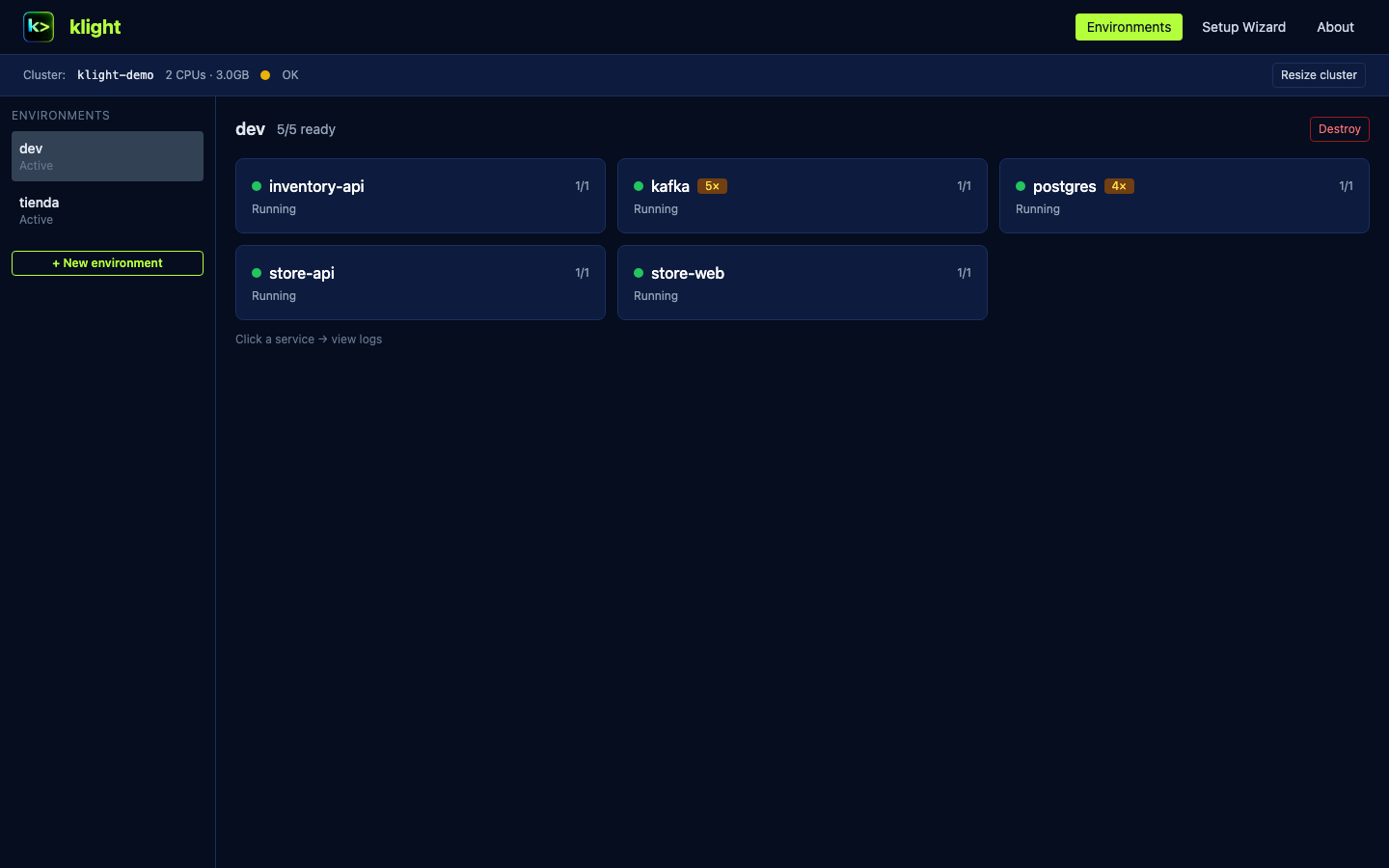 World 1 — env-dev running with locally built :local images on minikube