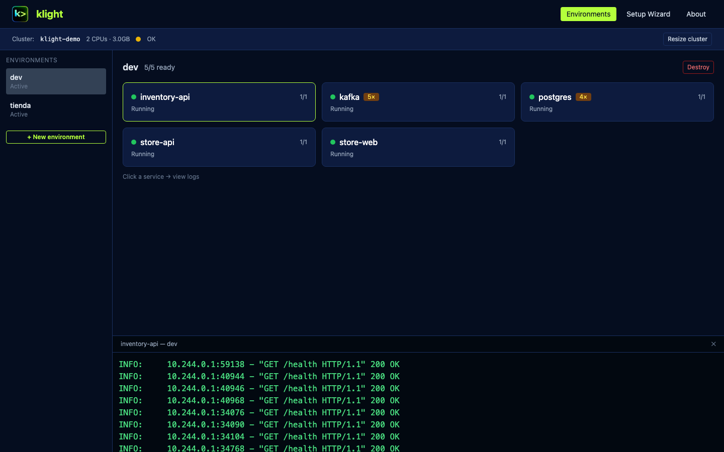 Service detail — inventory-api pod status