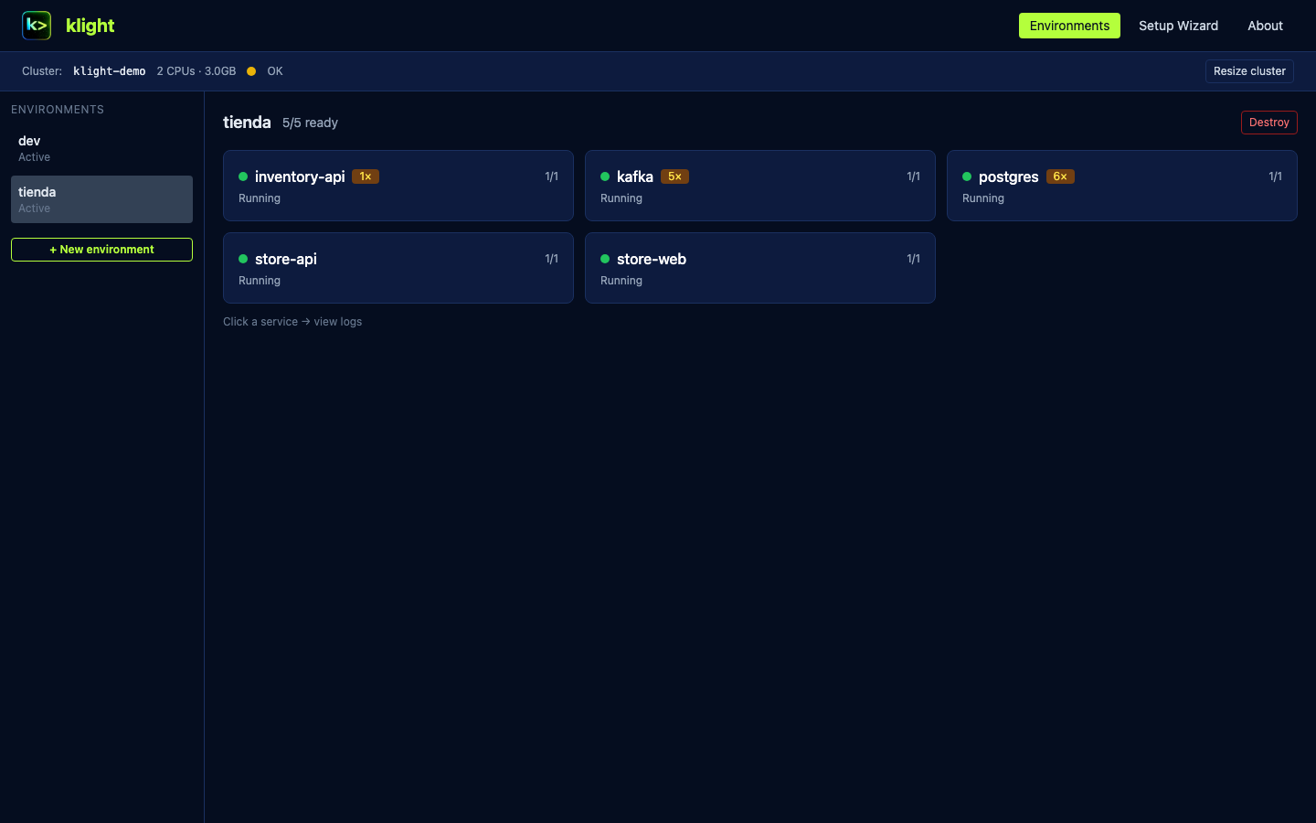 klight UI — 5-service environment running, all green (World 2 team sync with ghcr.io images)