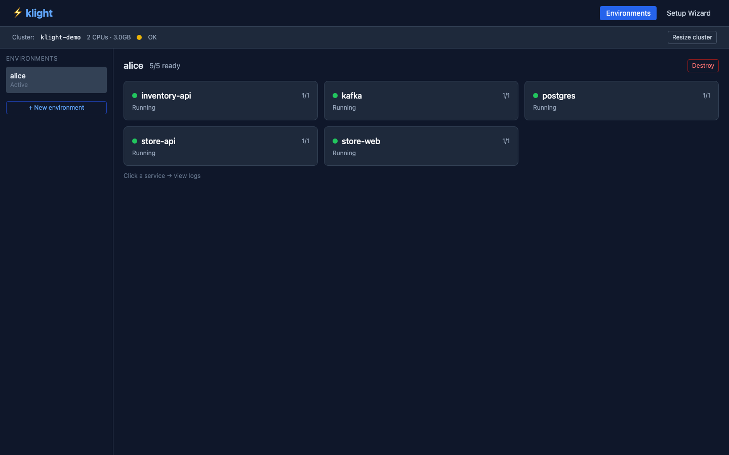 World 3 — env-alice running on remote EKS cluster from ghcr.io images