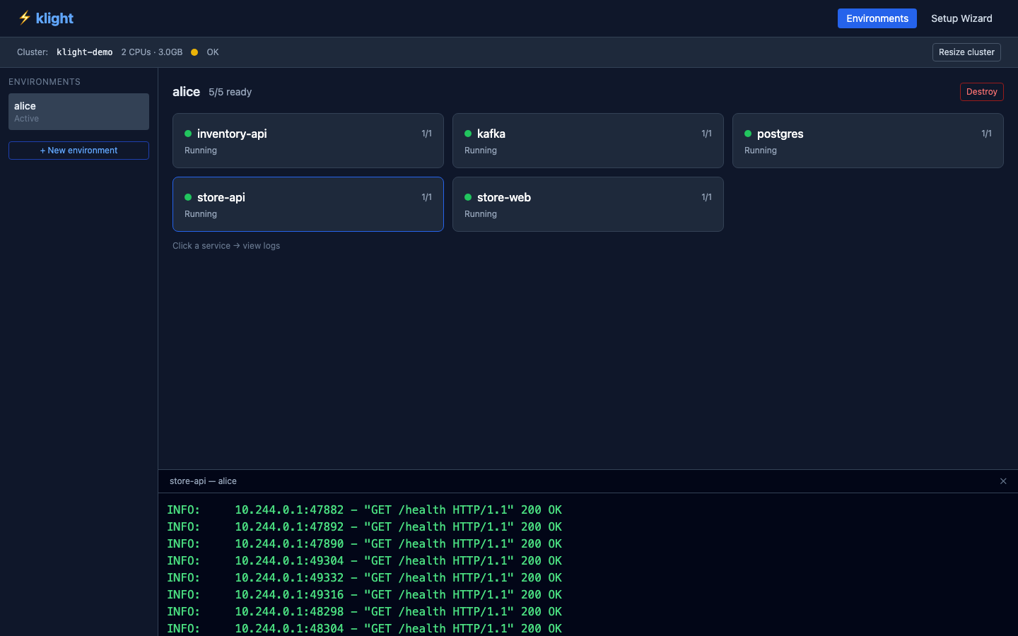 Service detail — store-api on remote cluster