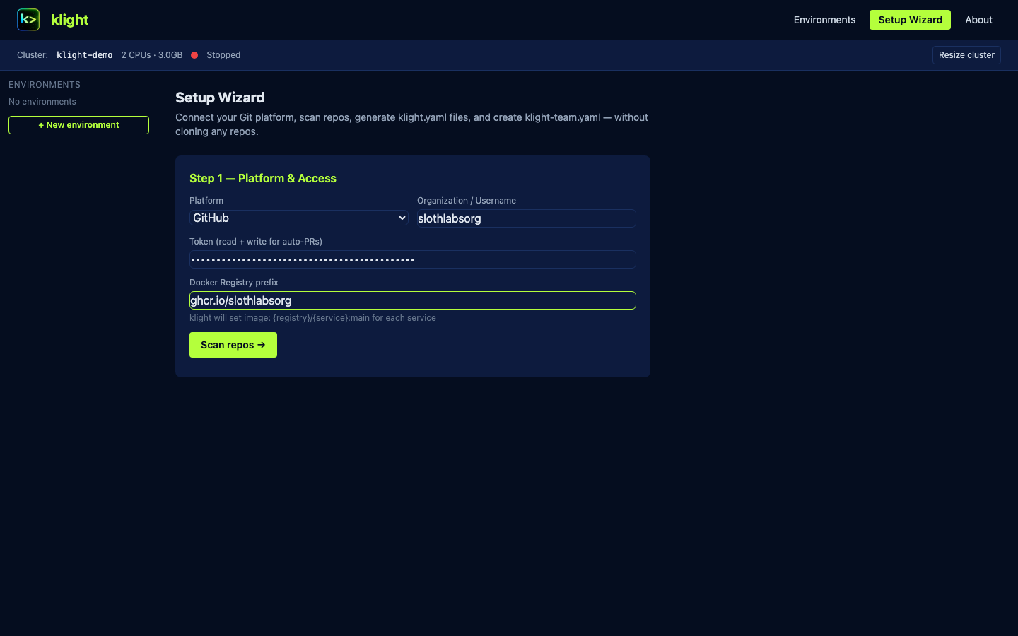 Wizard Step 1 — connect GitHub org and Docker registry