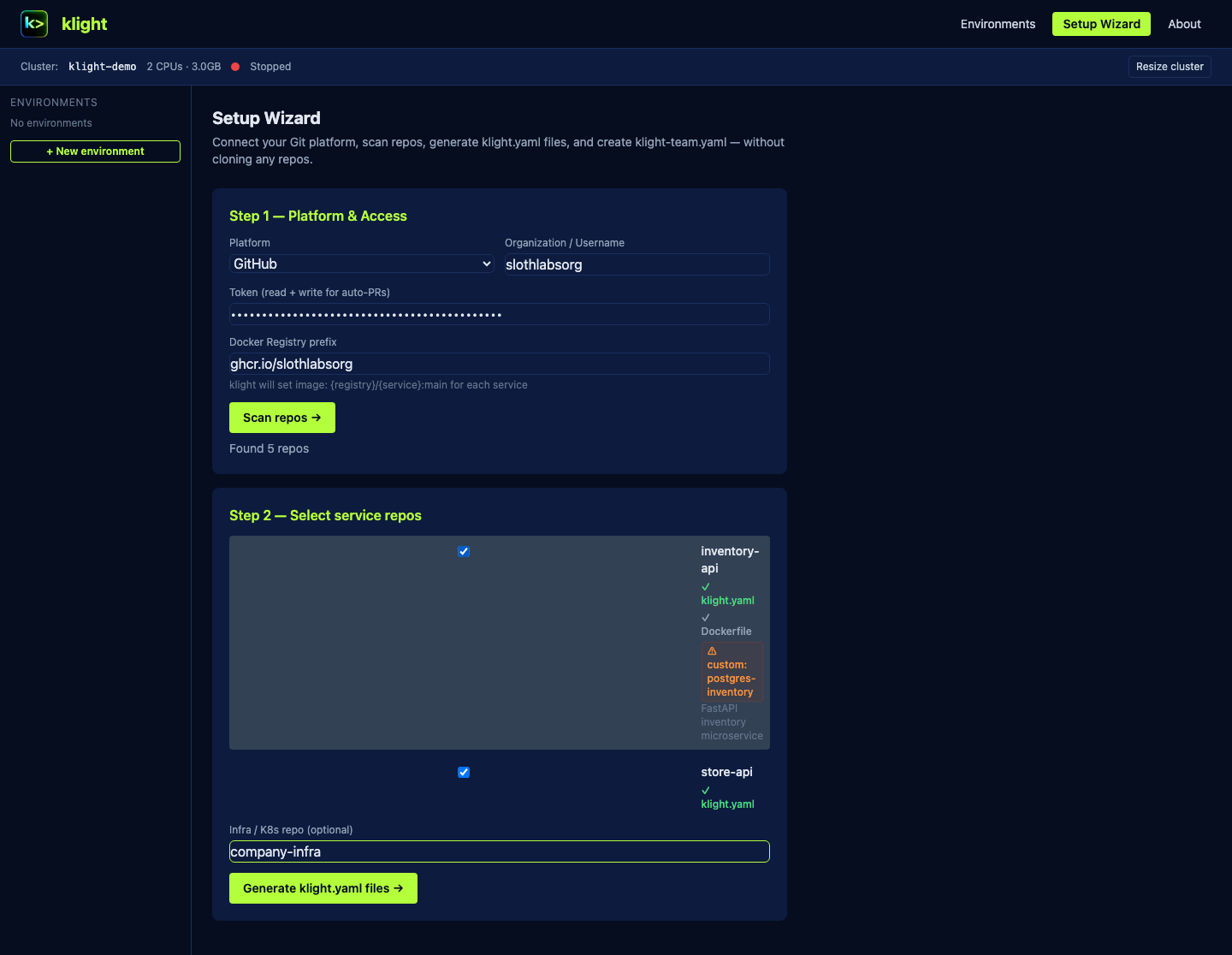 Wizard Step 2 — repo list showing custom infra warnings on inventory-api and store-api