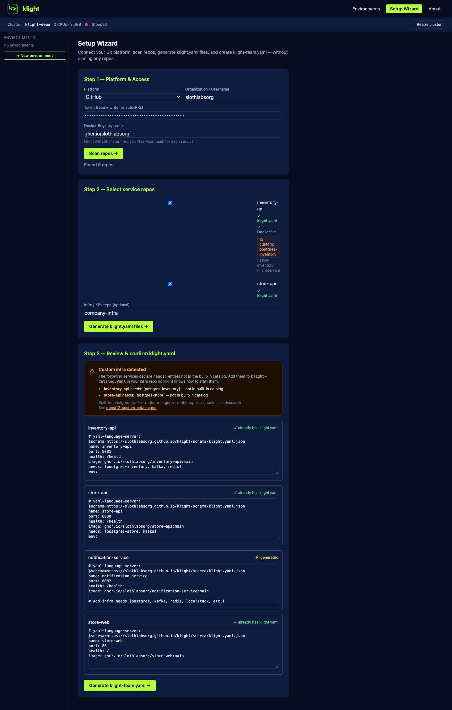 Setup Wizard Step 3 — reviewing generated klight.yaml files with custom infra catalog warning