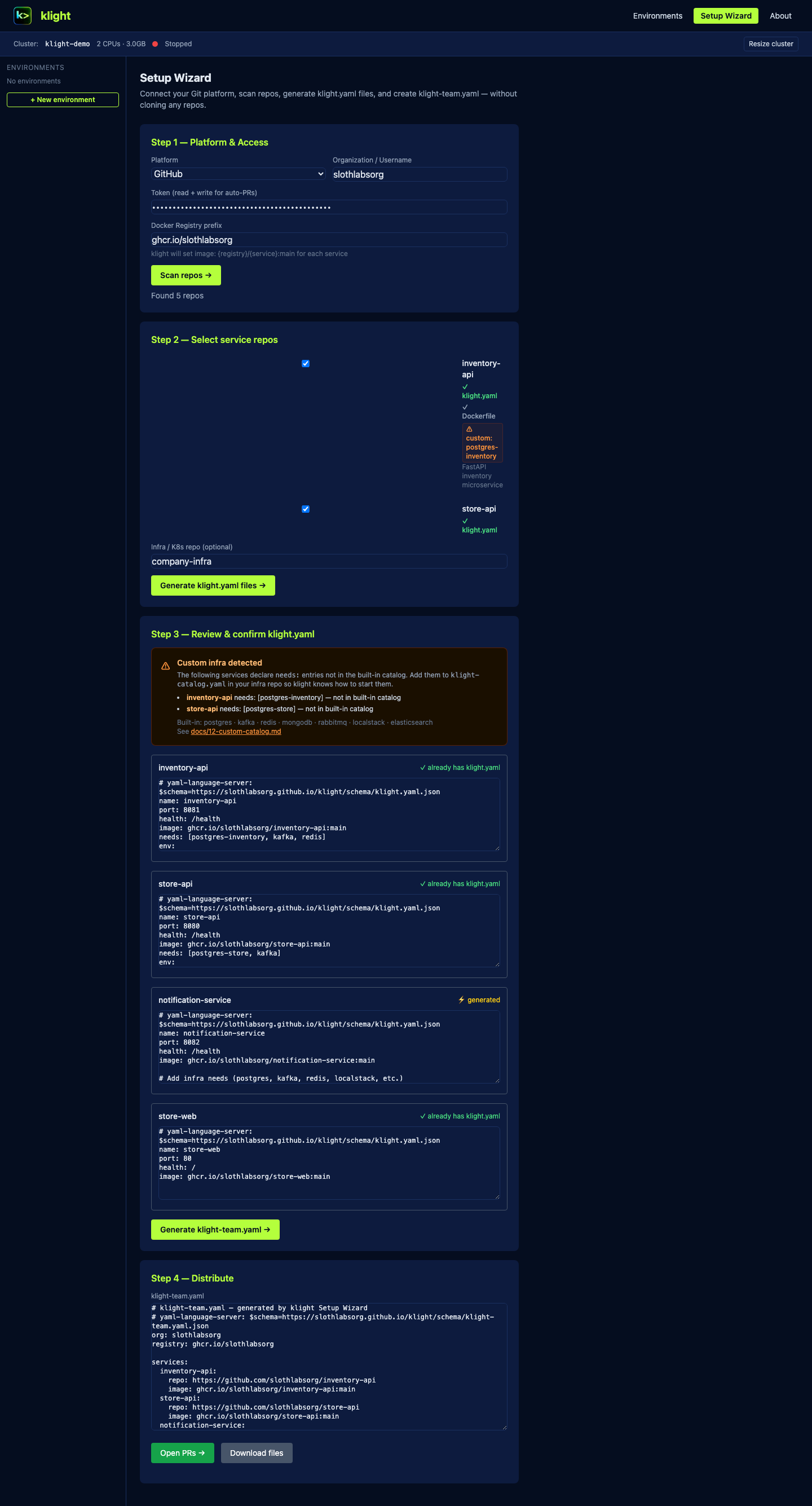 Wizard Step 4 — generated klight-team.yaml ready to distribute