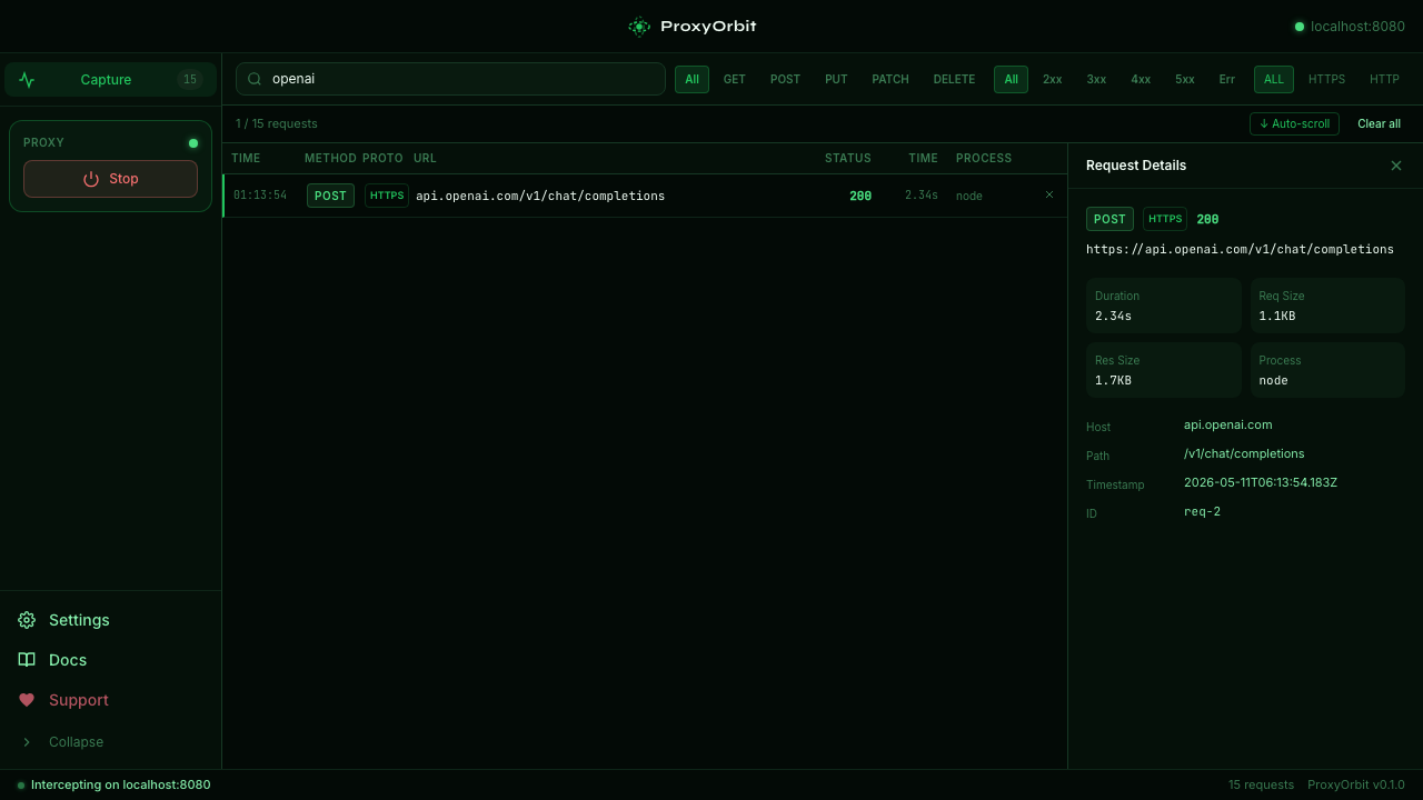 Pretty-printed JSON body viewer — collapsible, copyable, syntax-hinted
