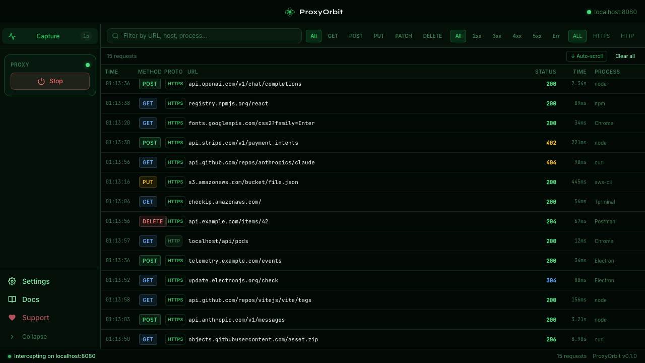 Live capture — every request, filterable and inspectable