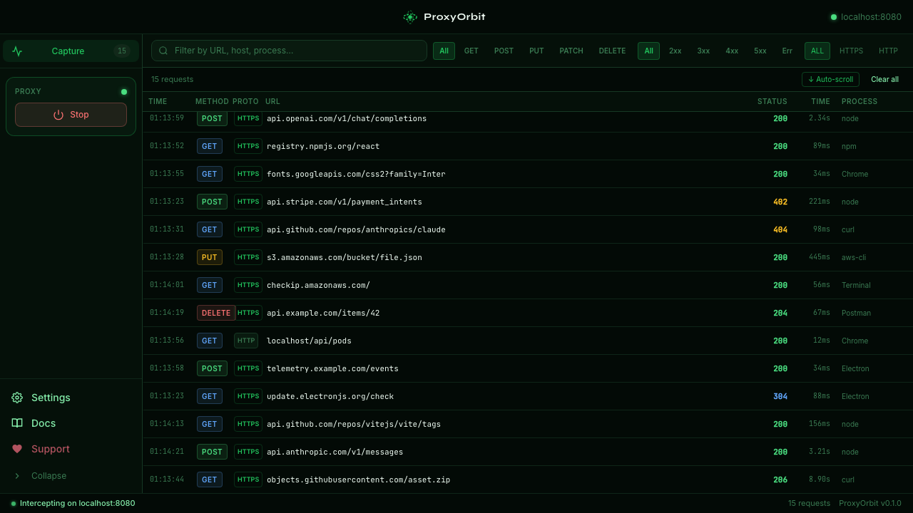 Intercept mode — pause, rewrite, and forward any request