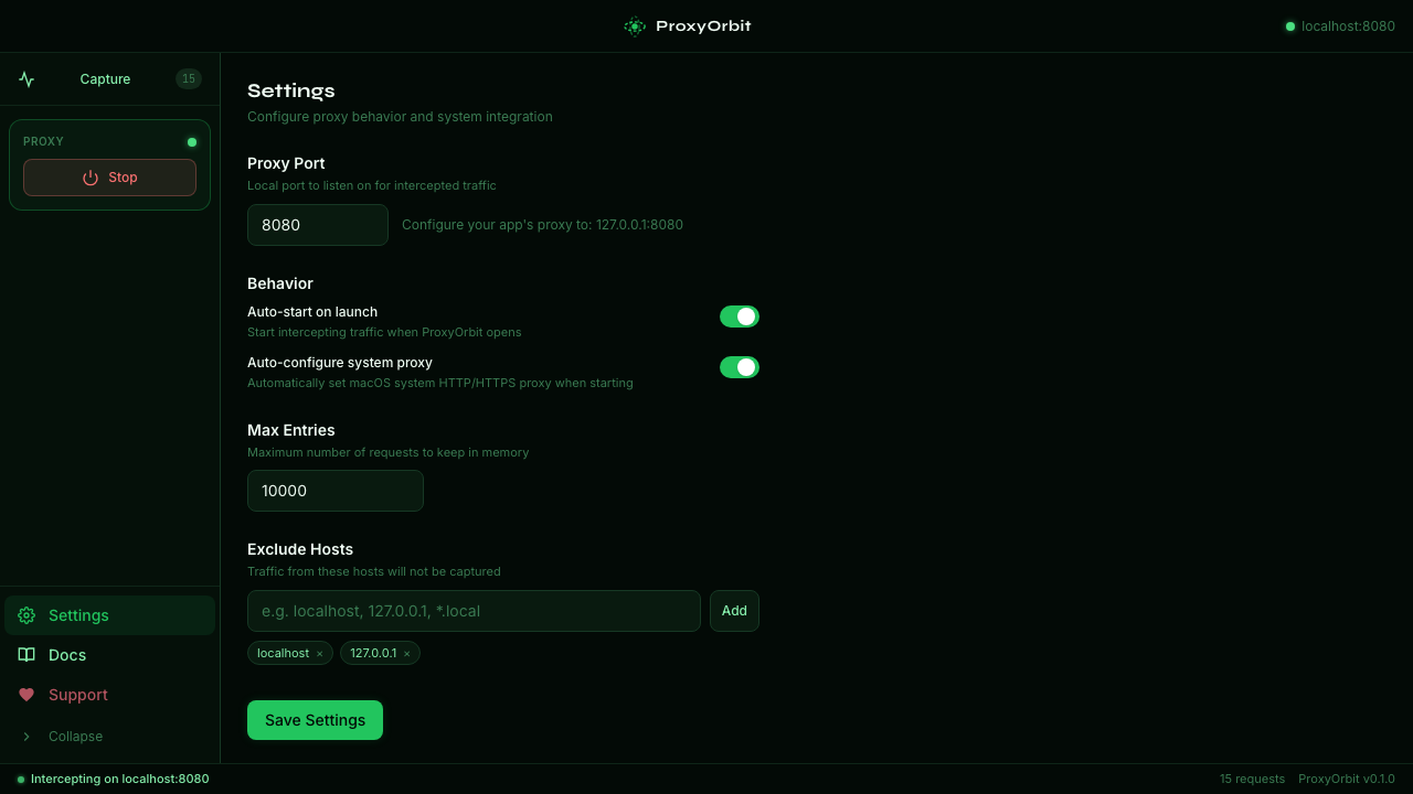 Settings — port, auto-configure, HTTPS MITM, excluded hosts